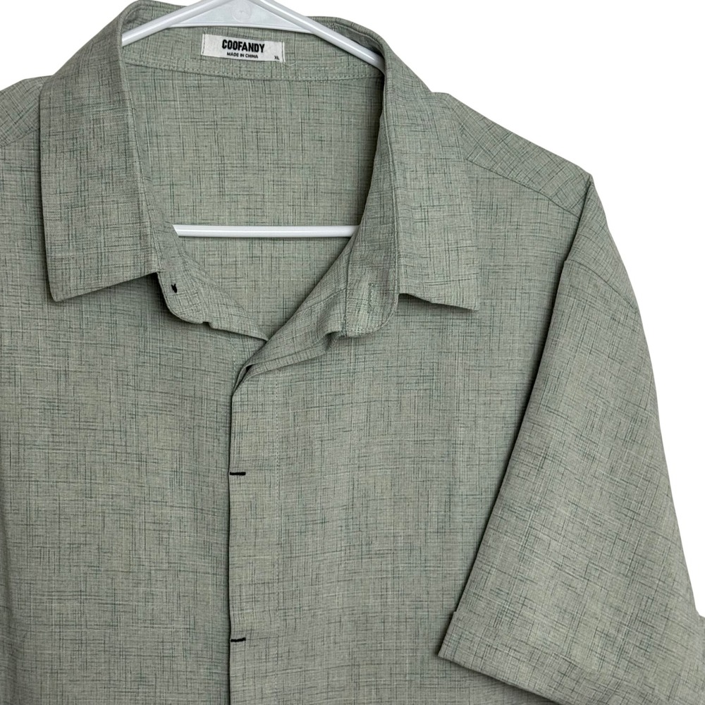 COOFANDY Short Sleeve Hidden‎ Button Down Shirt Linen Blend Green Size XL